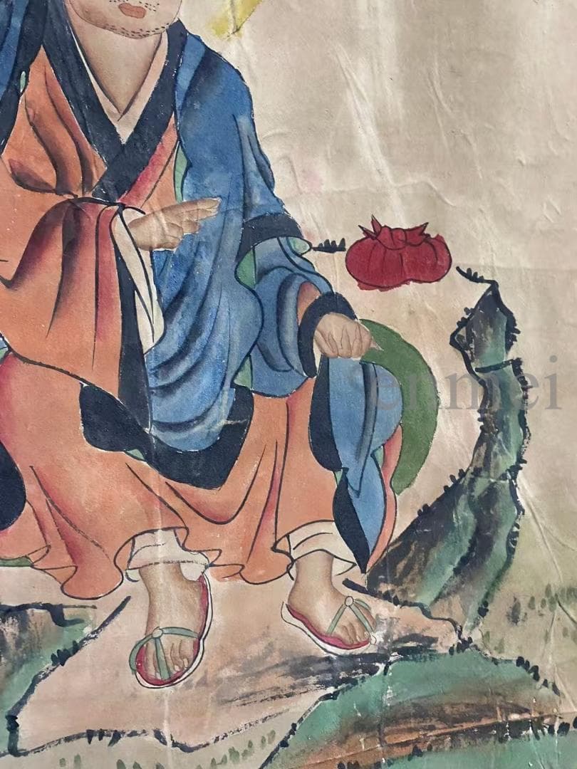 中国古美術・旧藏・明代風・丁雲鵬款・仏像図・絹本・中堂掛軸・純手描き・書画・骨董