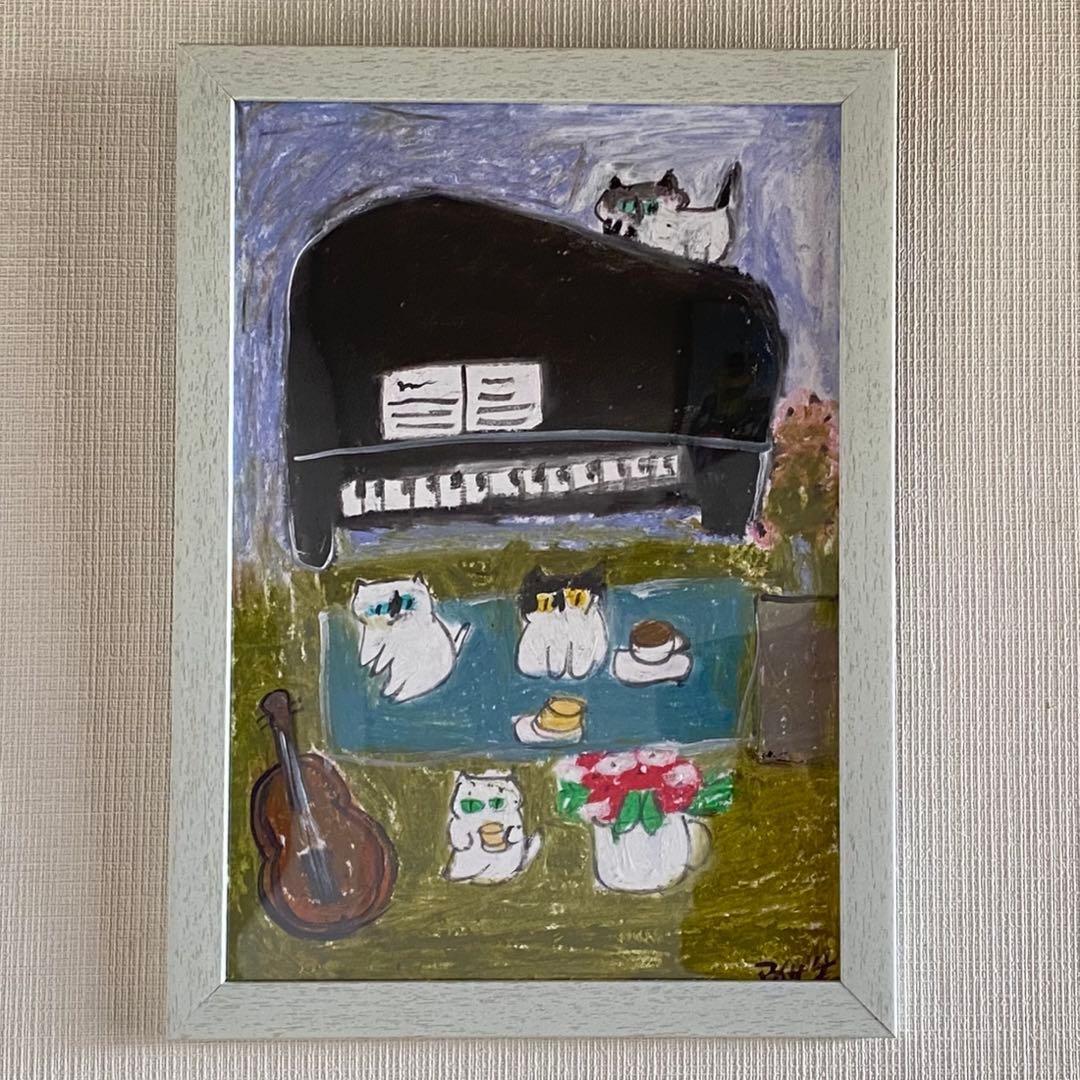 絵画。壁掛け原画【可愛い猫たちのロマンチックなピアノ演奏会】