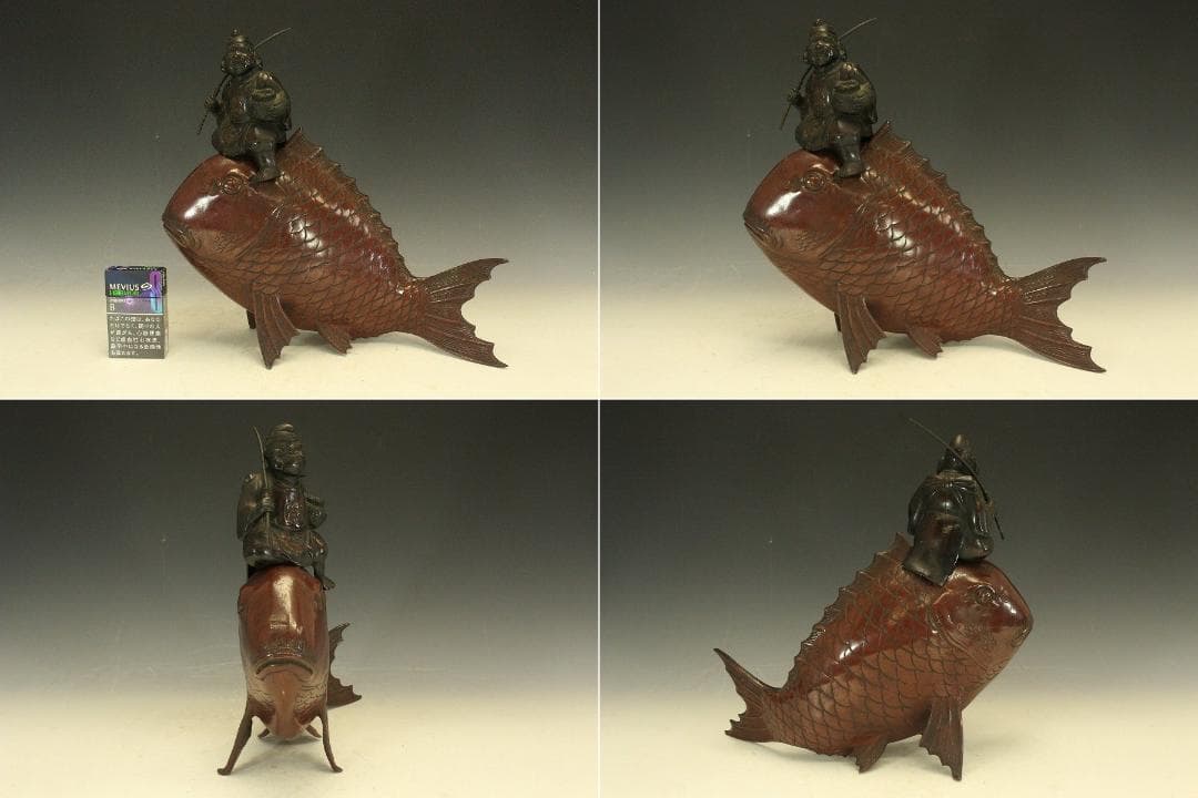 銅製 鯛 乗り 恵比寿 吉祥 縁起物 33cmx16cm 時代物(A193)