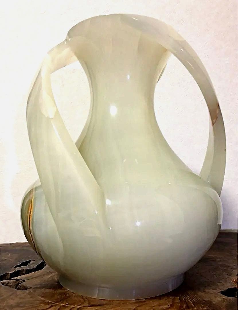 瑪瑙 翡翠 玉 一刀彫り デザイナー (そよかぜ) 花瓶 輝石作 9㎏ 共箱