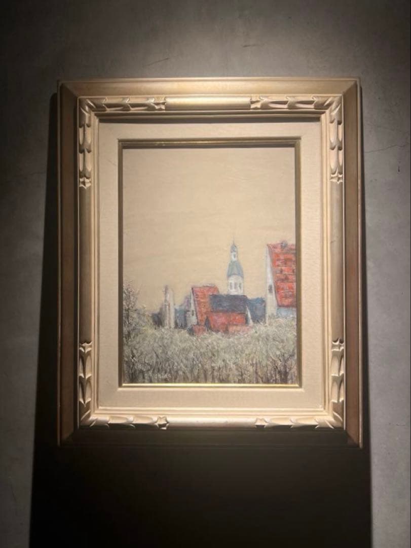 印象派　岸田悦雄【冬の田舎町】肉筆油彩画