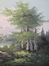 【真作】絵画　油彩　湖畔の山岳風景　水辺の小屋を描いた風景画　Y188