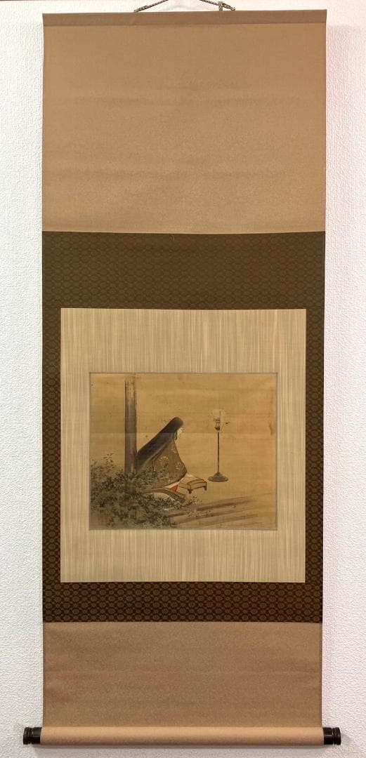 中山秋湖／水野年方師事「清少納言」美人画 掛軸 絹本