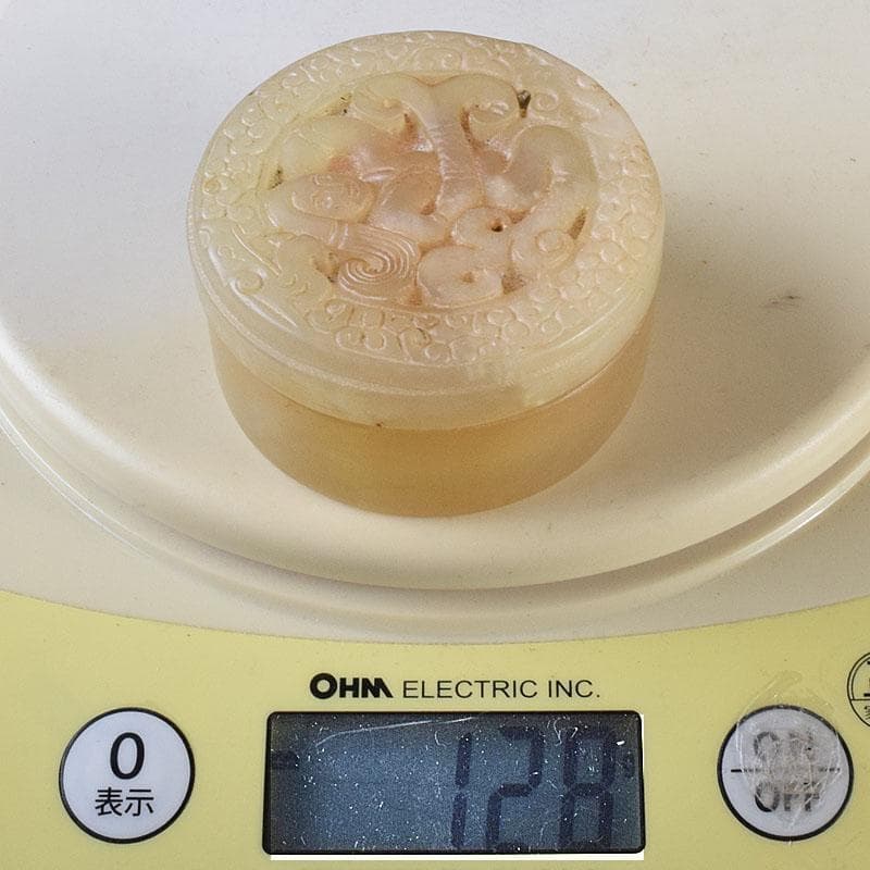 中国　玉石白玉彫刻　人物彫　盒子　蓋物　C　R8624