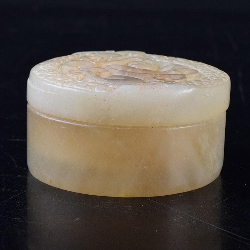 中国　玉石白玉彫刻　人物彫　盒子　蓋物　C　R8624