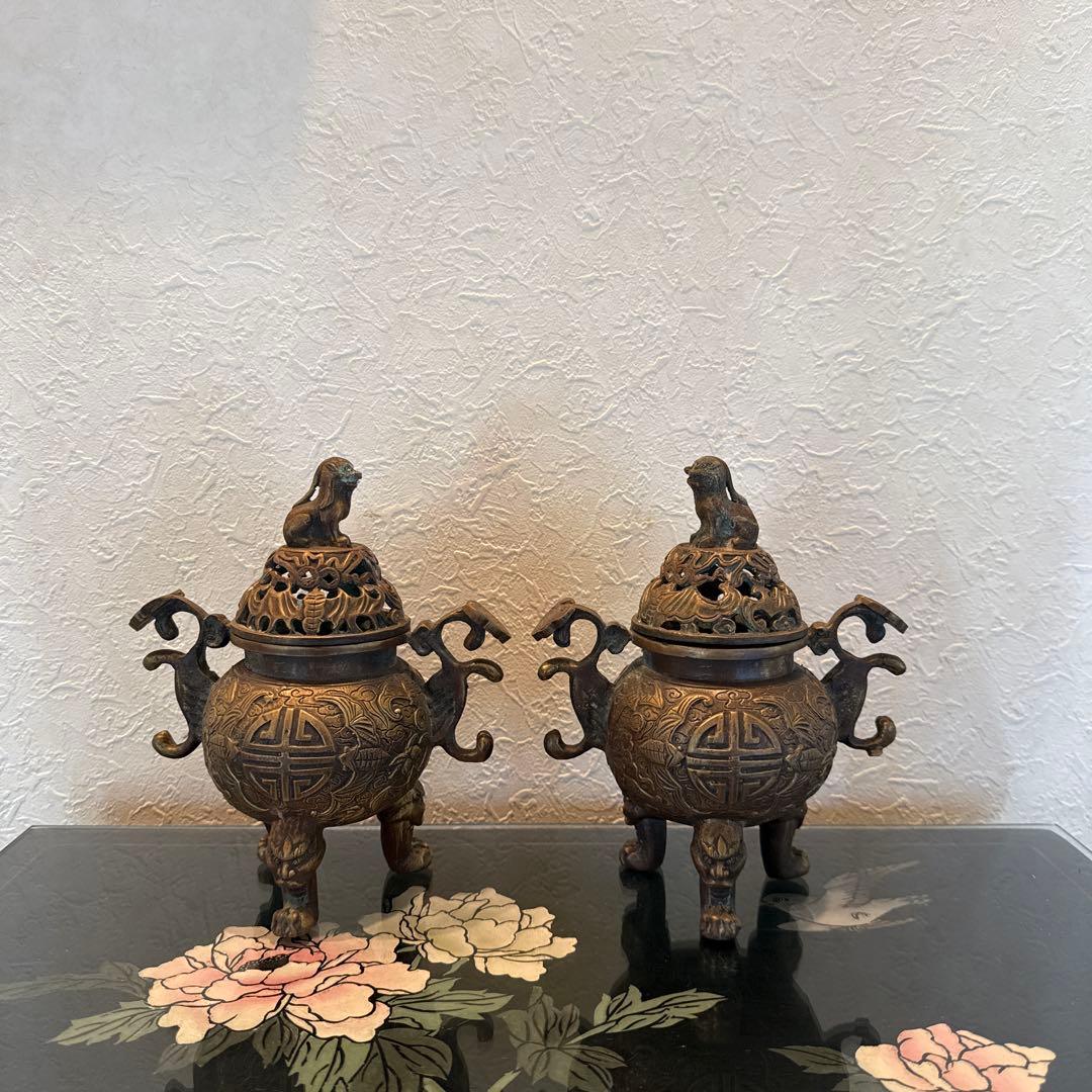 中国 香炉 一対 獅子蓋 真鍮製 風水アイテム アンティーク吉祥文様