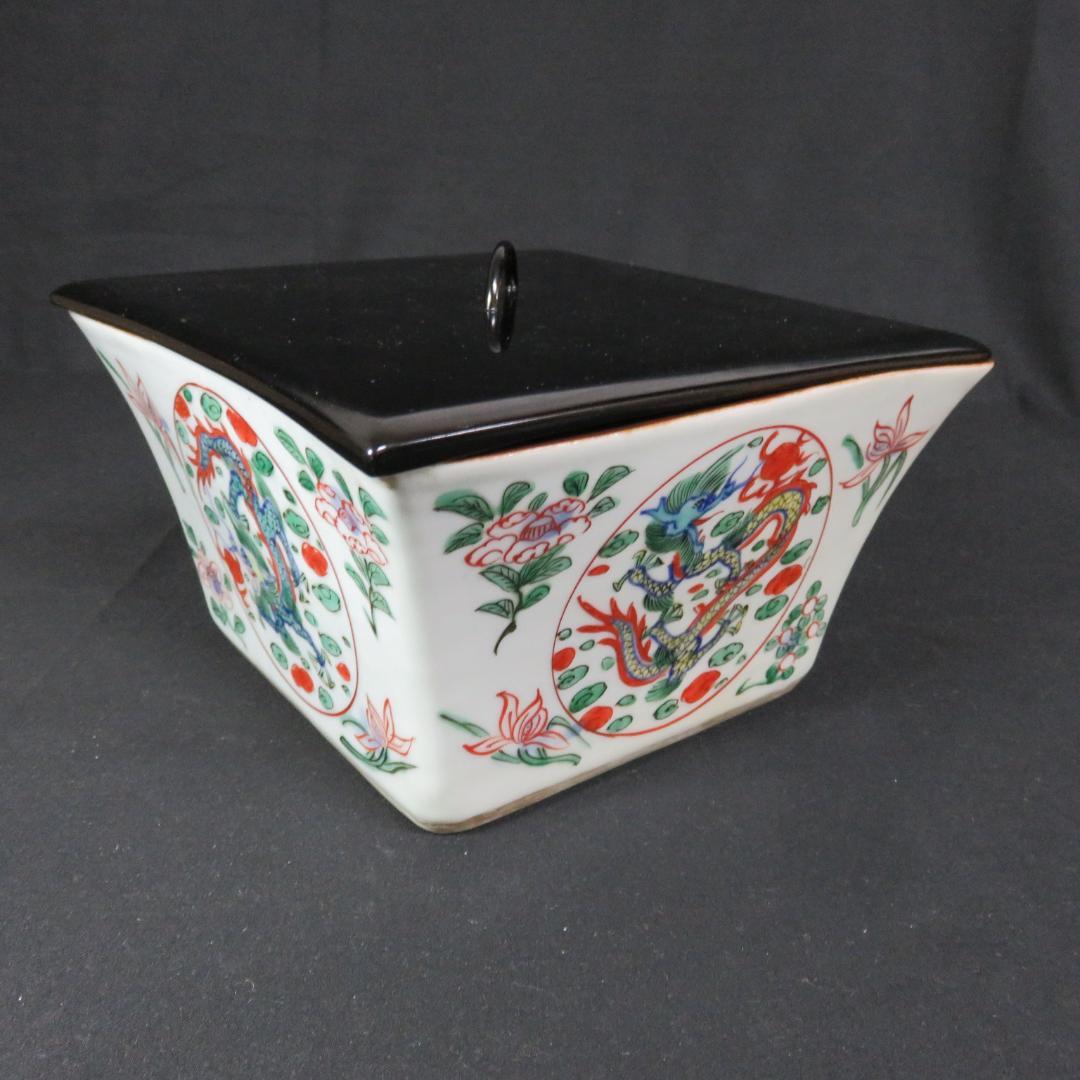 水指 色絵付け 角型 大明壽靖年製 龍 江戸期 中国骨董 赤絵