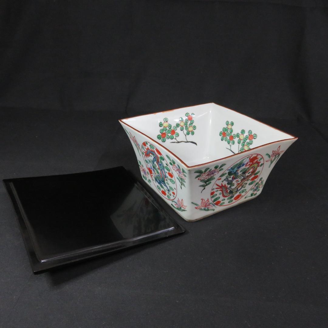 水指 色絵付け 角型 大明壽靖年製 龍 江戸期 中国骨董 赤絵