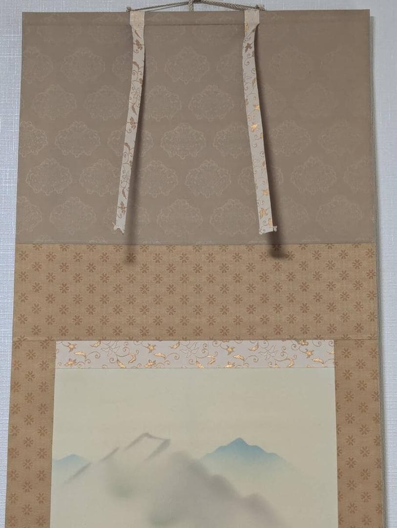 【真作】掛軸　長尾梅友　四神相応山水図　茅葺屋根と清流の詩情　共箱入　T125