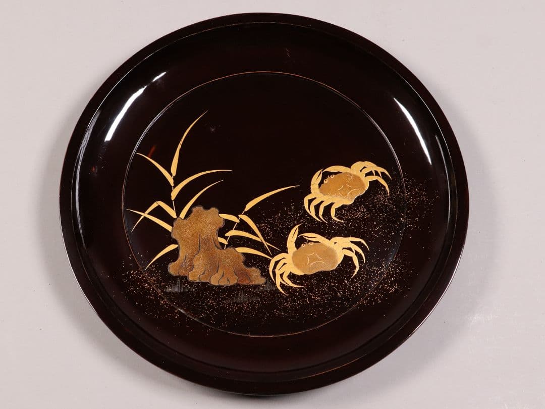 CK91 木製漆器 蟹蘆金蒔絵 黒塗 大徳寺盆 五客 24.5cm 木皿 菓子盆