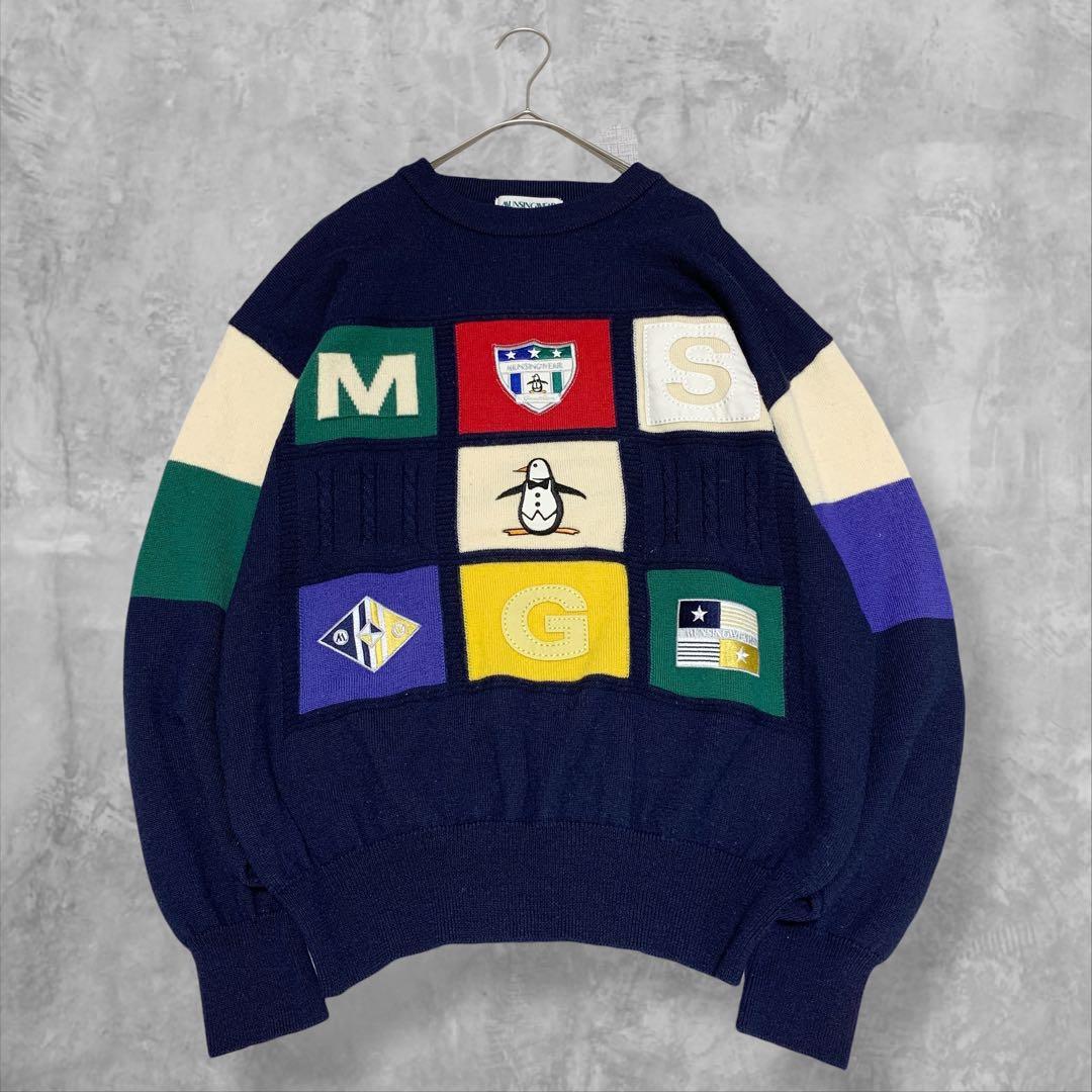 マンシングウェア ニット セーター パッチワーク ロゴ刺繍 Lサイズ