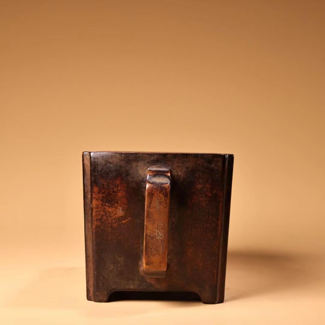 中国古美術・旧藏銅鎏金回文香炉・高浮彫・錾刻・純紫銅・純手作り・箱付き・文房置物