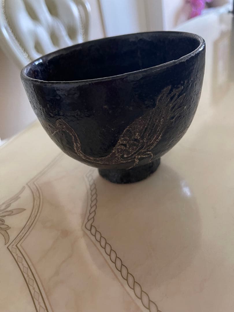 茶道具　尾形乾山造　鶴　黒筒茶碗　極め箱