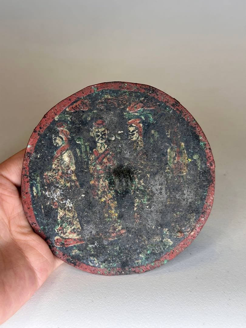 明時代　彩絵人物銅鏡 時代物 民俗装飾