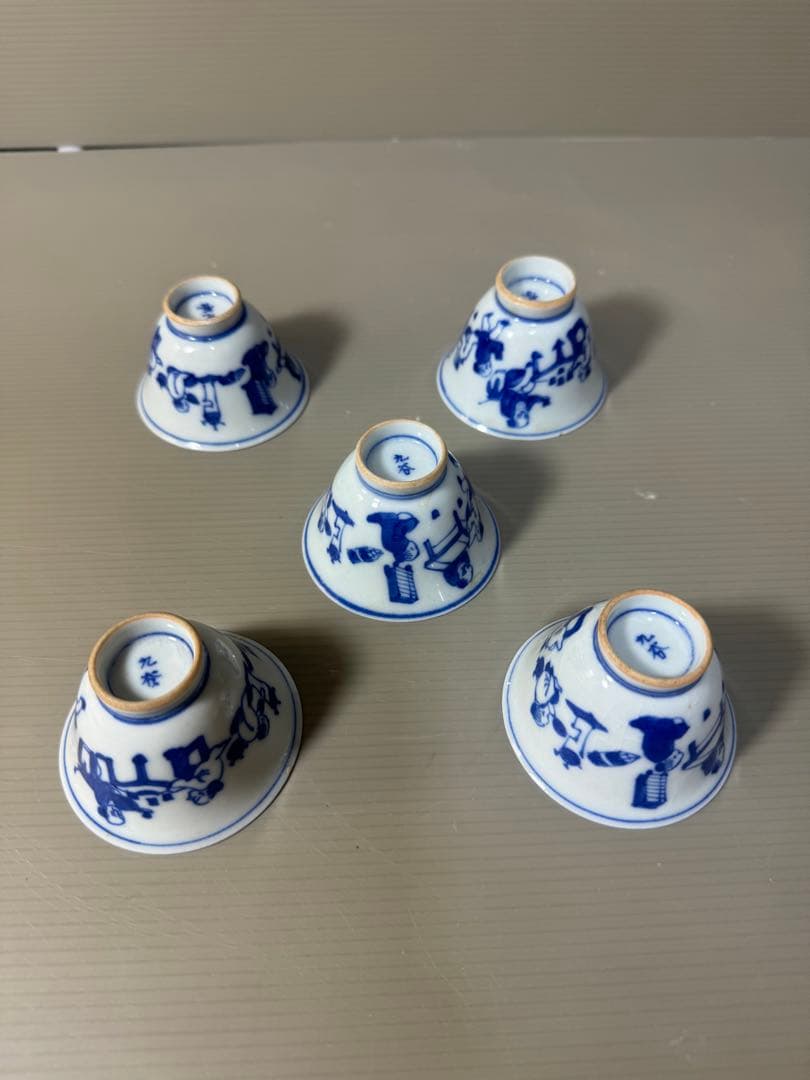 2388  九谷焼　染付　青花　猪口　5客　時代物