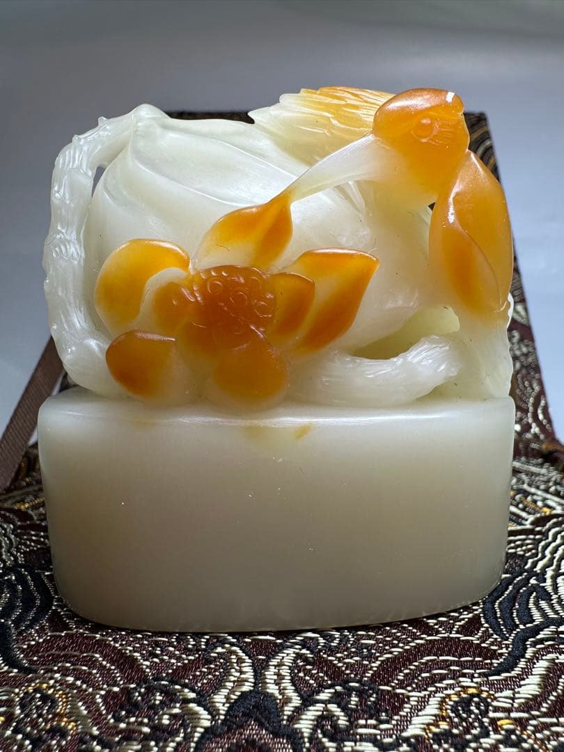 【花鳥】 蓮花　鳥　大材　美品　高級印材　篆刻　印石　寿山石　芙蓉　巧色　印材