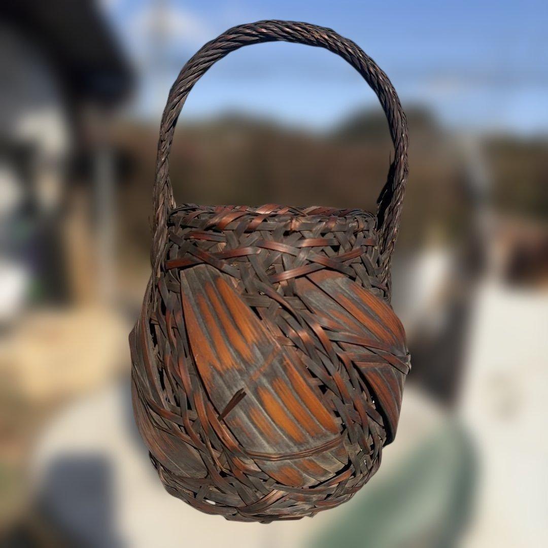 アンティーク　竹製編み込　花籠