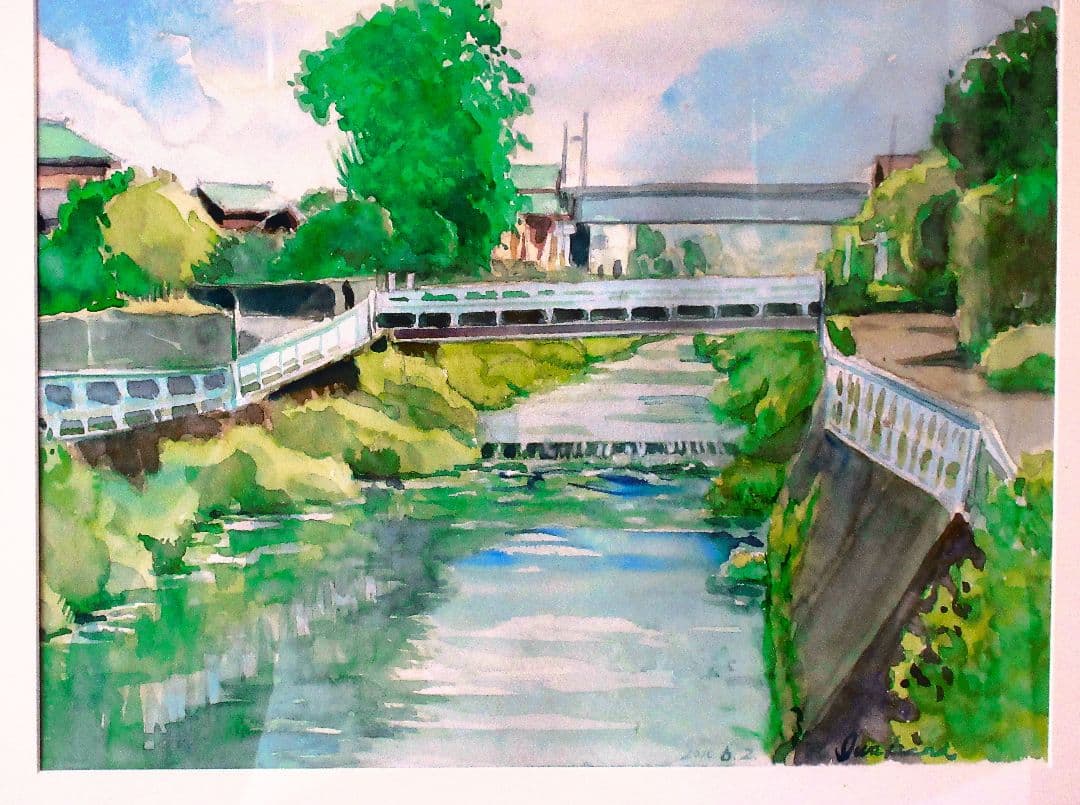 風景 水彩画 緑と青のトーン