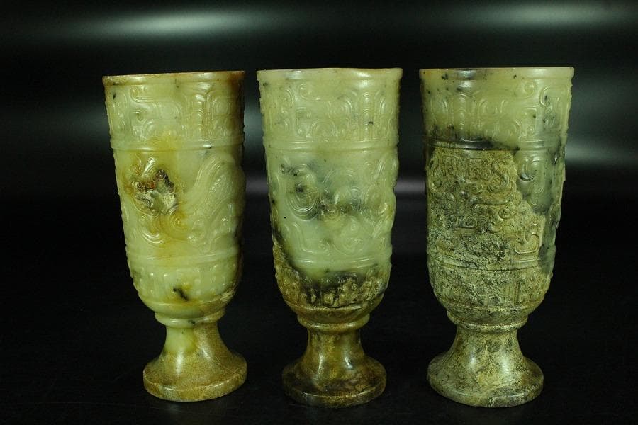 中国美術 砡石 刻 饕餮紋 杯 三件 コレクター蔵品(K-YC541)