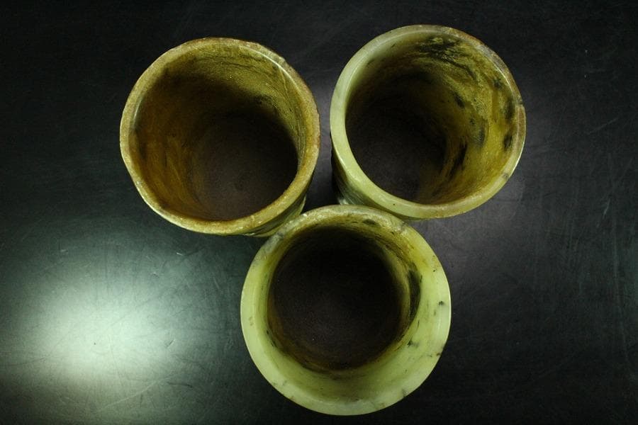 中国美術 砡石 刻 饕餮紋 杯 三件 コレクター蔵品(K-YC541)