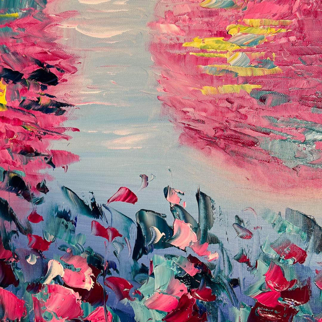 ★秀作★手描き油絵 朱に染まる睡蓮 額付 肉筆絵画 インテリア 油彩画