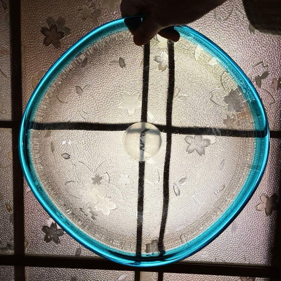 骨董　レトロガラス　四角型　濃水色フチ　線巻　糸巻　菓子鉢　花器　ウランガラス