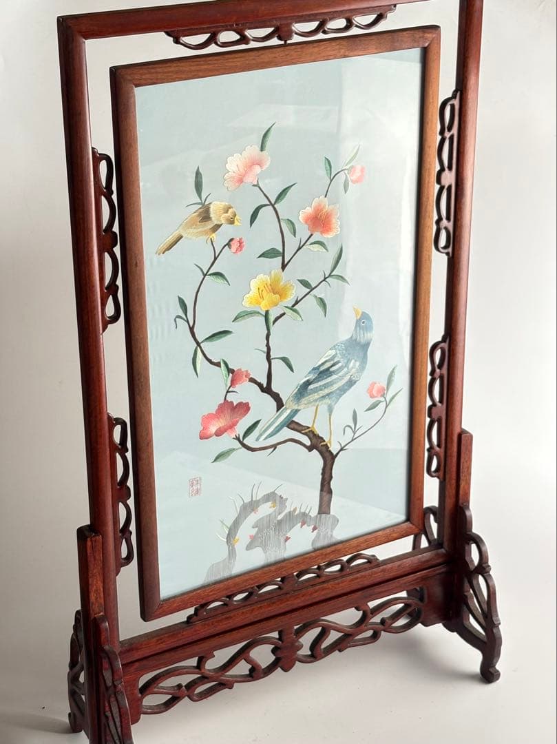 中国美術 中国刺繍 硯屏 両面刺繍 花鳥図