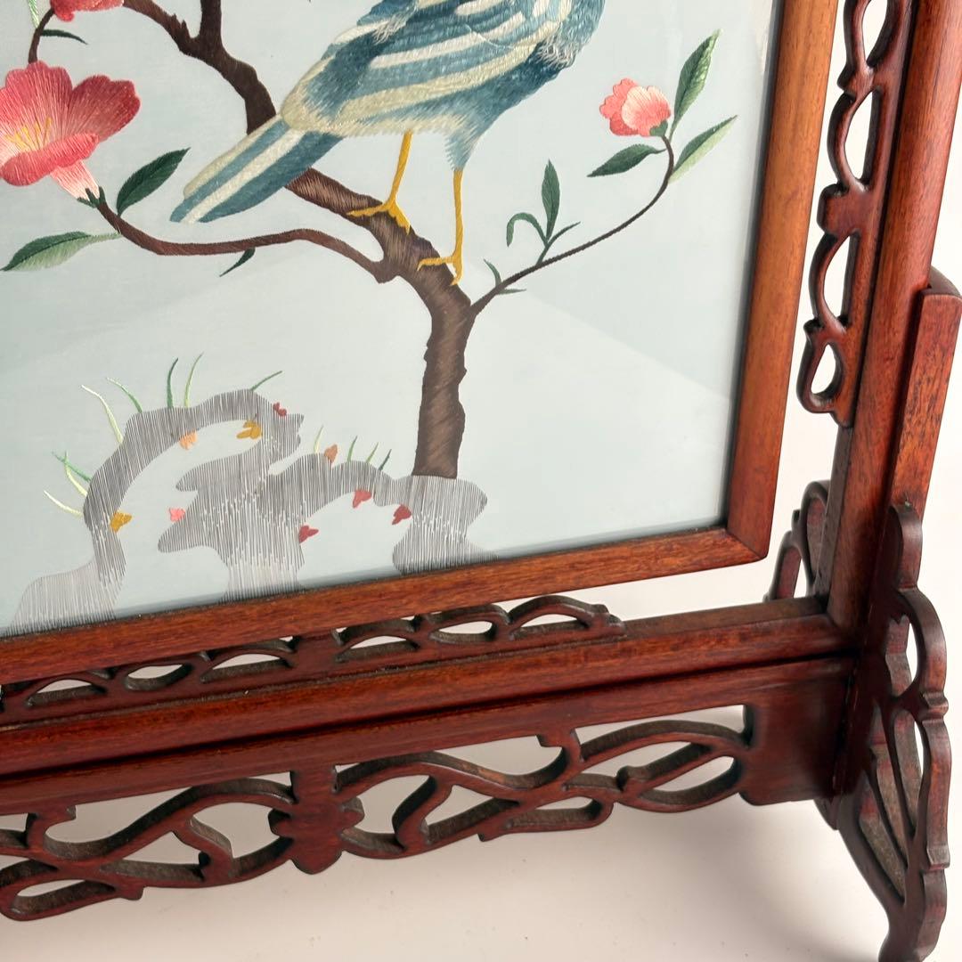 中国美術 中国刺繍 硯屏 両面刺繍 花鳥図