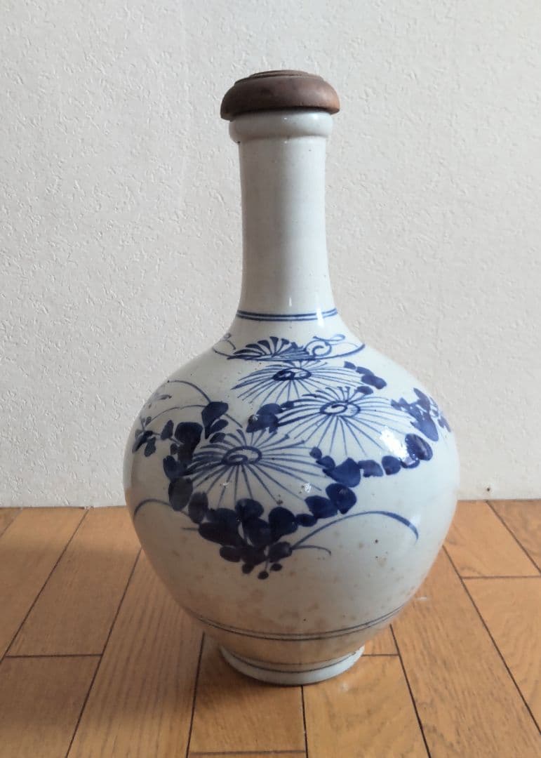 古い平清水焼　木製蓋付き　染付　大徳利