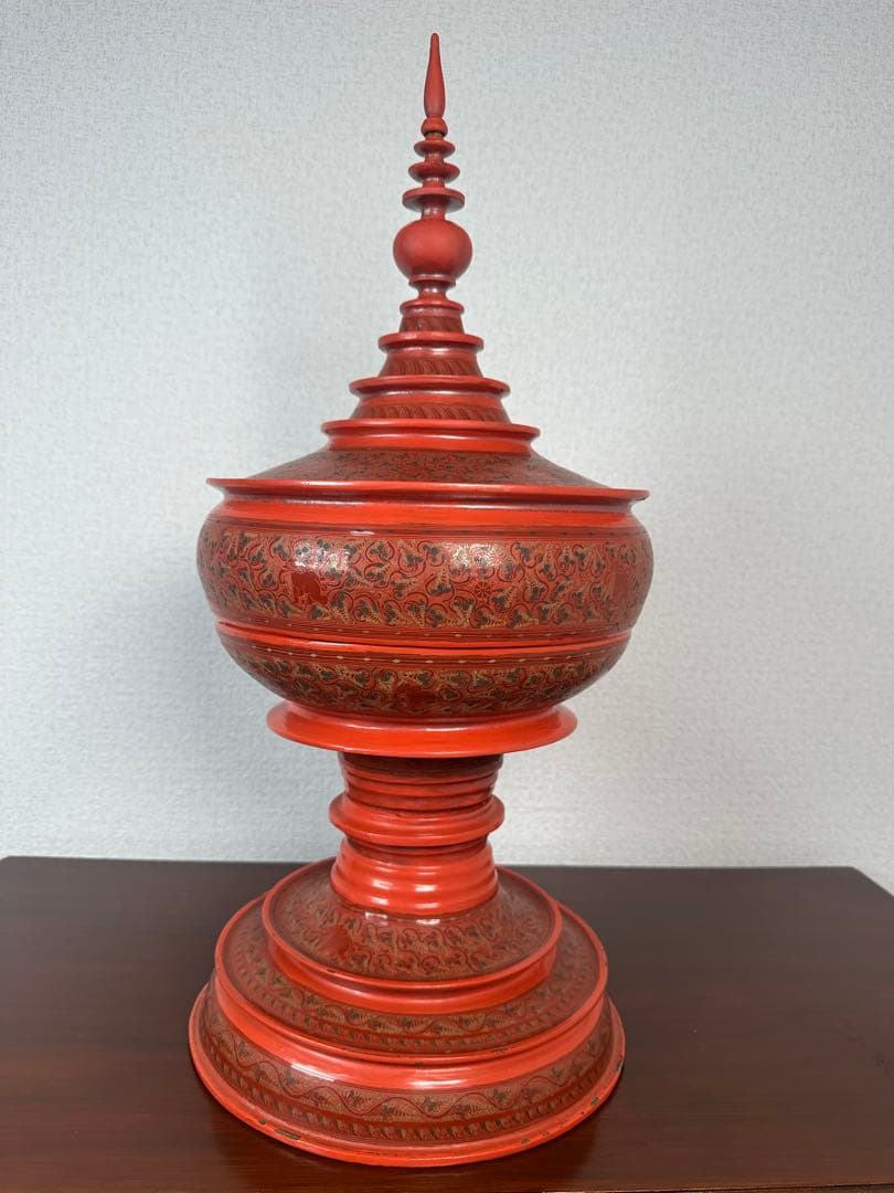 ミャンマー アンティーク 漆器 蒟醤 仏塔形 供物器 高さ約62cm ※31※