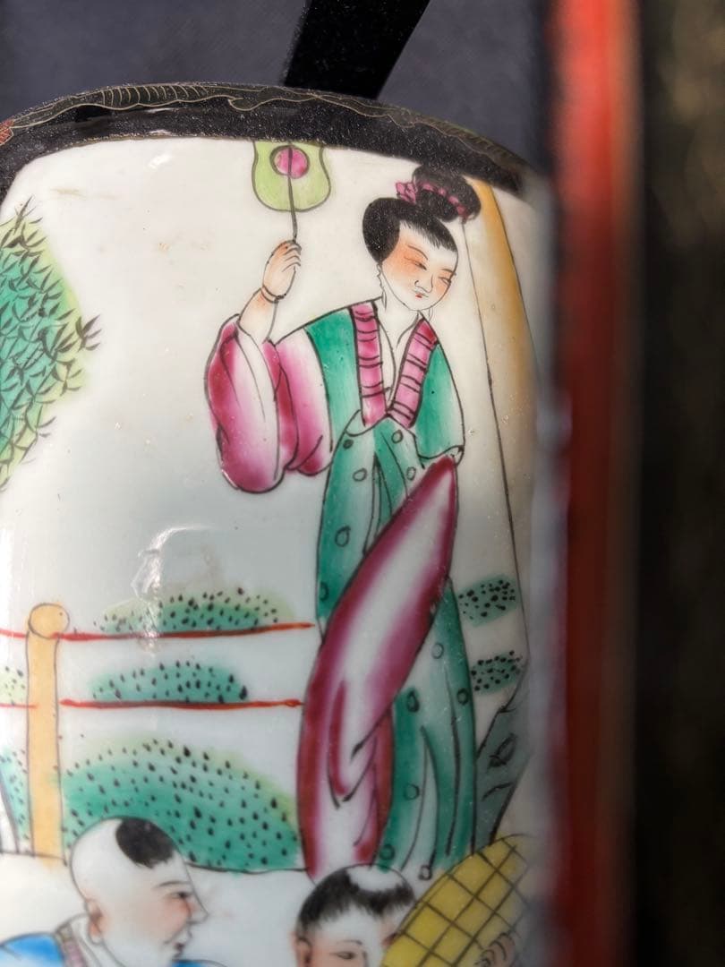 中国古美術品　清末民国時代　粉彩黒漆食匣　食盒 高さ約25cm