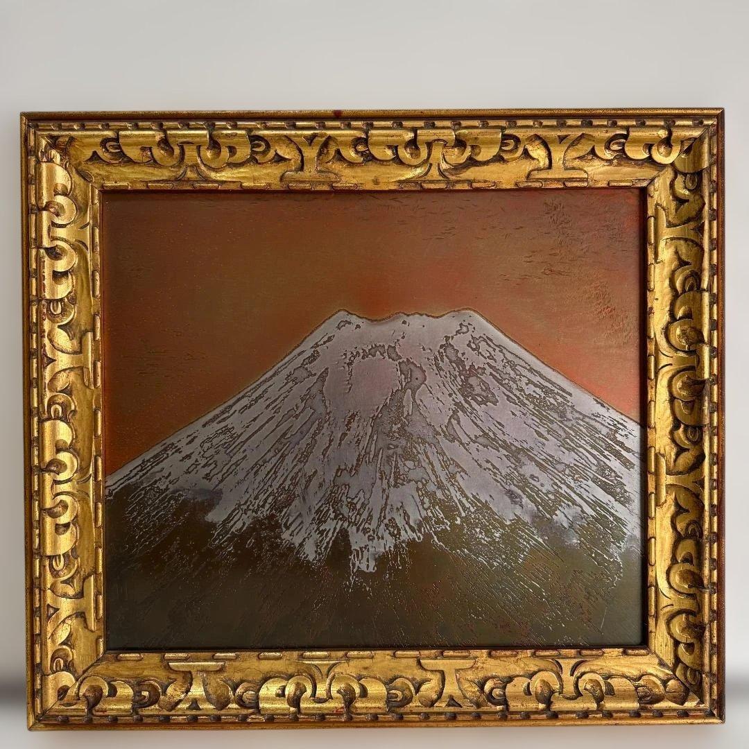 富士山 立体金属アート アンティーク調 金色木製額