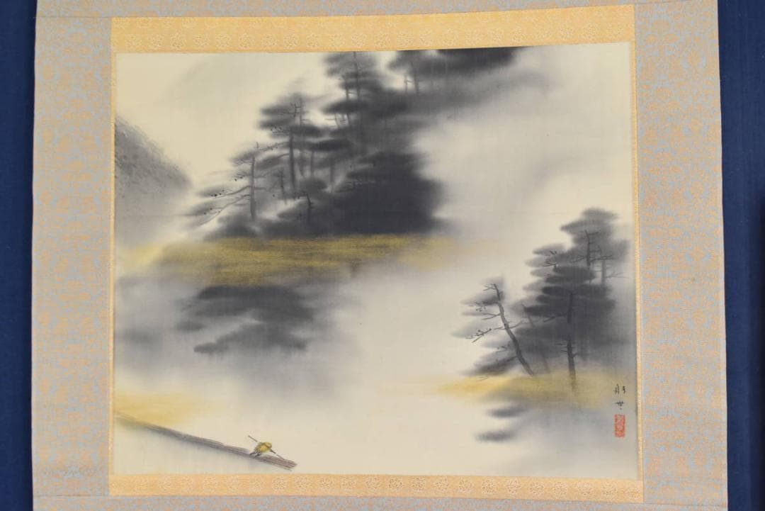 【真作】躬世/嵐狭筏下り図/横物/掛軸/名家伝来/AA-601