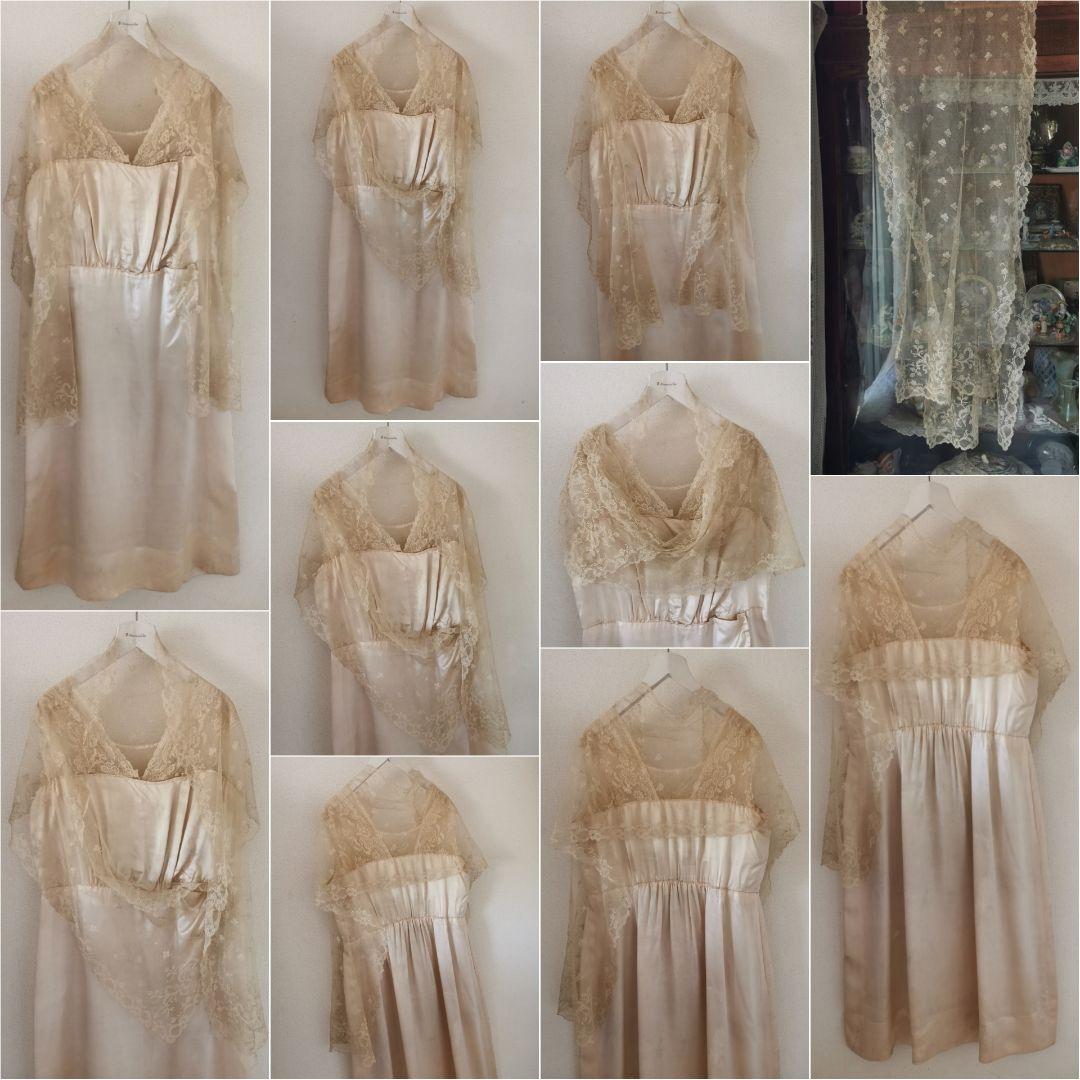欧米アンティーク キャリックマクロスレース刺繍チュール パーティー シルクドレス