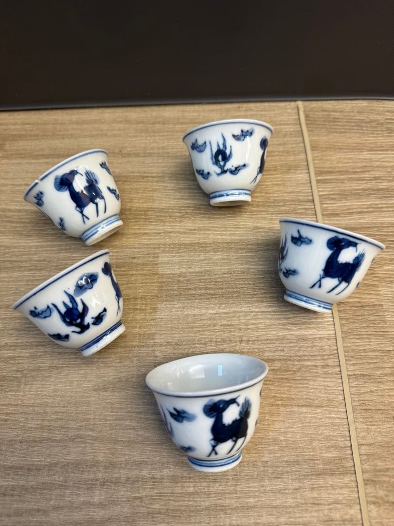 1520 煎茶道具　栄山作　染付青花『雲麒麟文』　煎茶碗5客　時代物