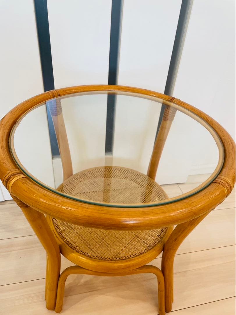 ヴィンテージ ラタンガラス ラウンドテーブルローテーブル籐 レトロ