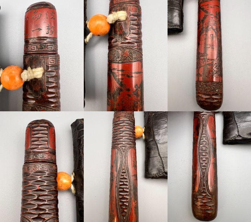 江戸明治時代　極上山水詩堆朱絵　秀心翁在銘　タバコ入　大玉珊瑚根〆　銀製キセル