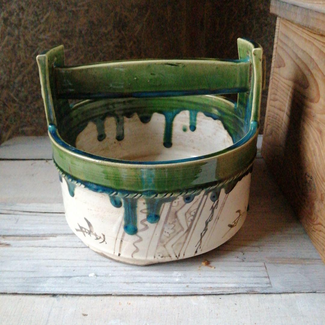 瀬戸焼　織部手桶　20.6cm　明治期