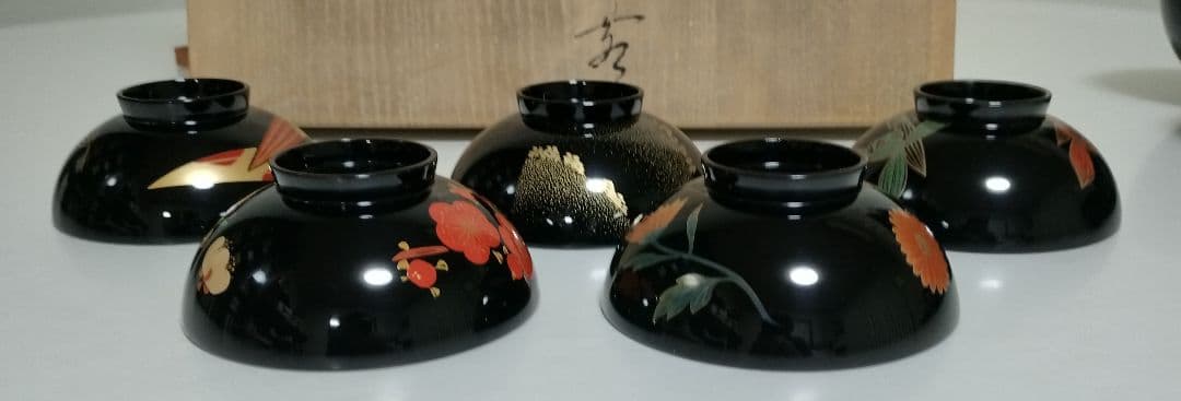 輪島塗　四君子蒔絵 遠山沈金　吸物椀　5客セット　角偉三郎など5人作家もの