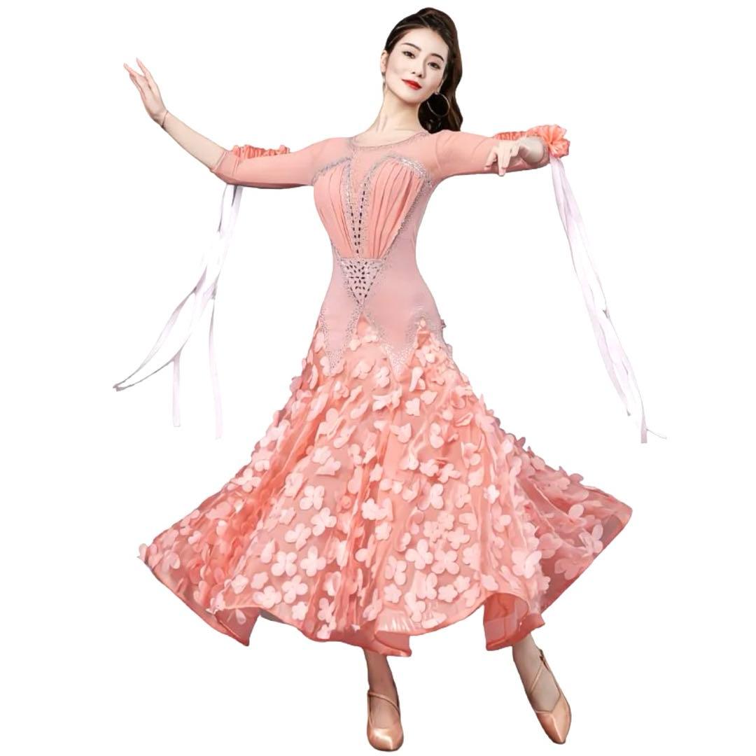 ピンク フラワー装飾 社交ダンスドレス Mサイズ