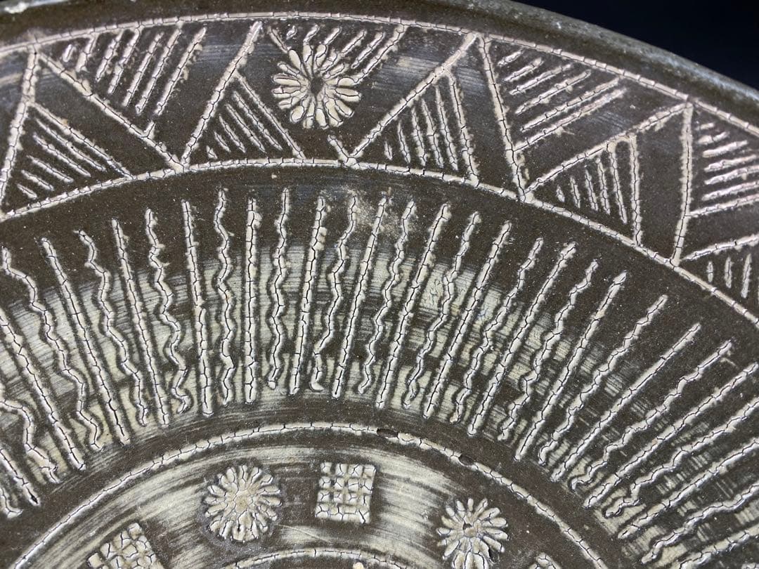 高麗青磁 大皿 象嵌 菊文 李朝 骨董 古玩 古美術 時代物 径28cm