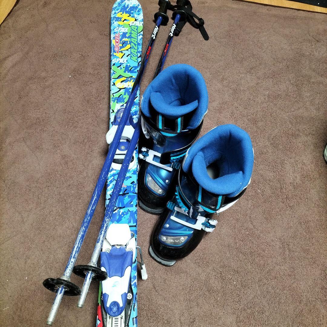 ジュニア用スキー板セット(板-ビンディング付き、ブーツ、ストック)