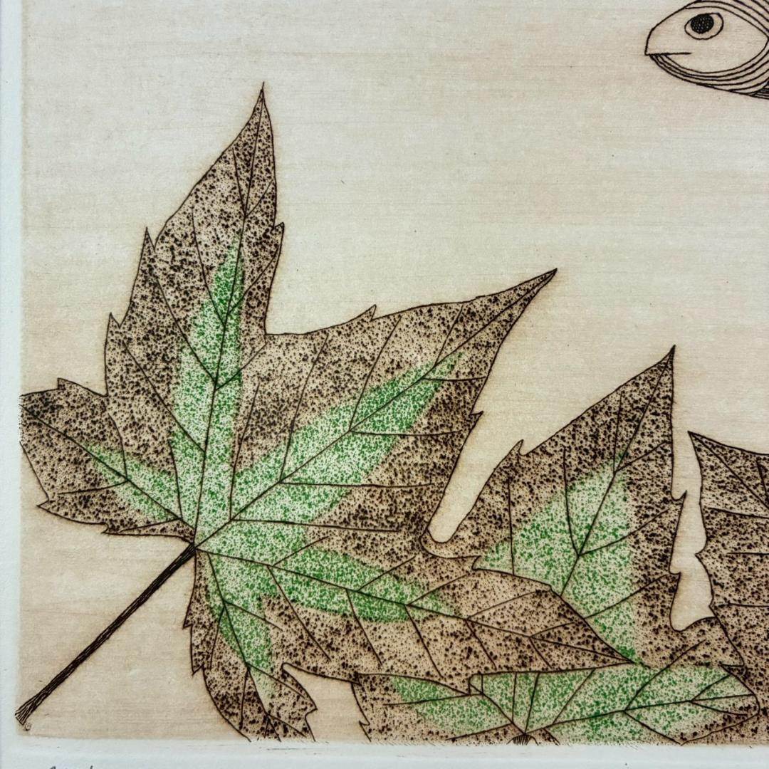 美品 南桂子「２匹の魚」カラーエッチング 銅版画 直筆サイン入 限定75点