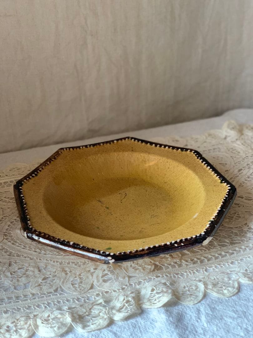 フランスアンティーク 南仏陶器 アプト焼 オクトゴナルプレート　深皿 黄釉