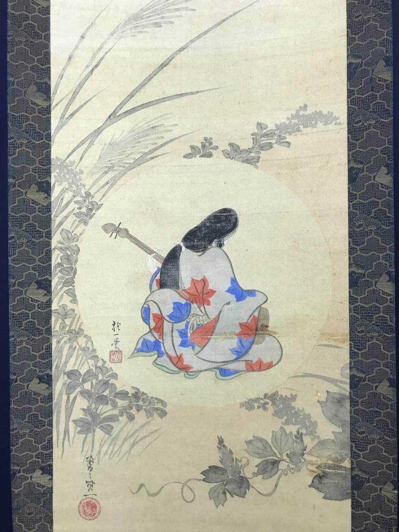 【模写】酒井抱一/青々其一/合作/秋草美人画/美人図/掛軸/名家伝来AC-492