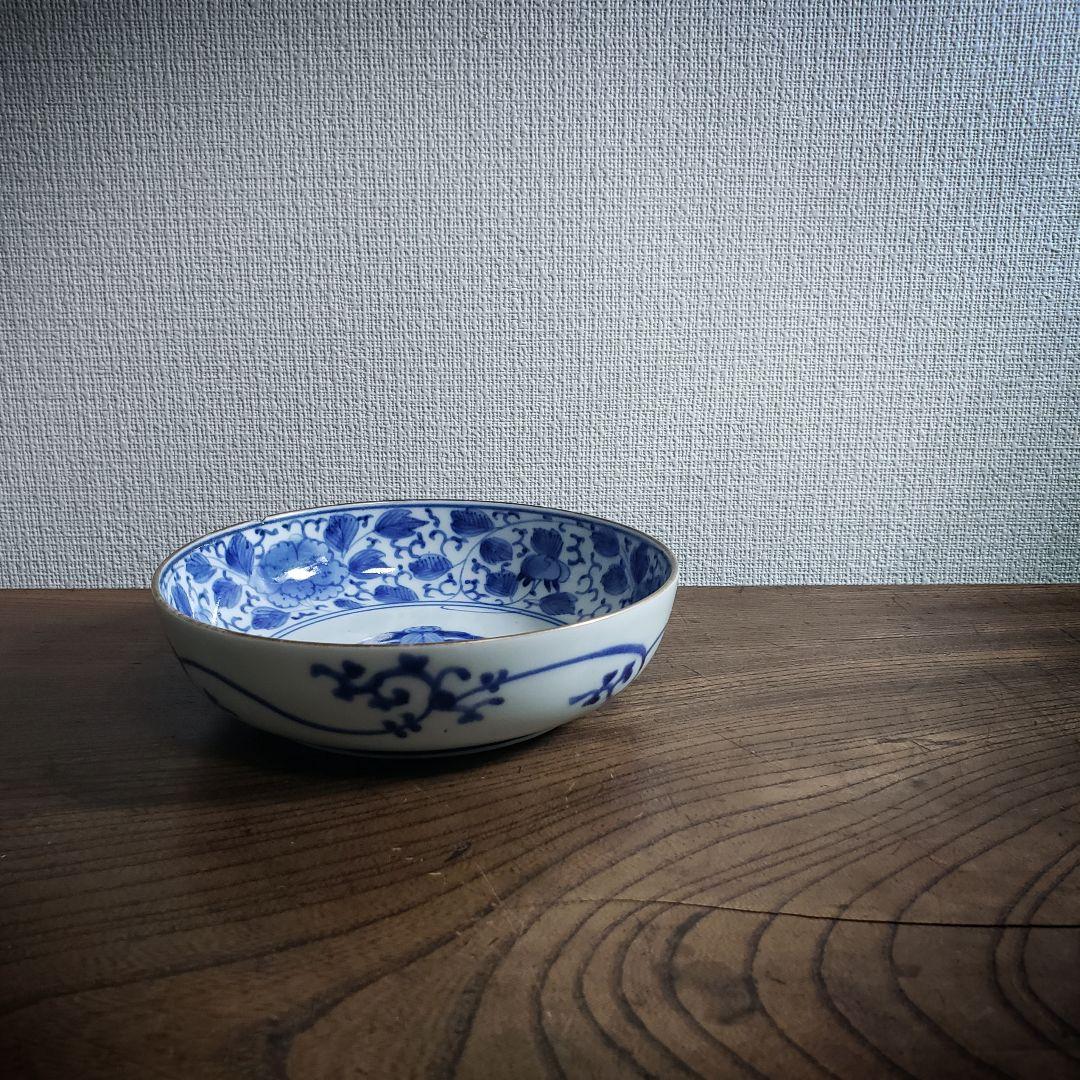 なます皿　古伊万里　染付　江戸　花唐草　五弁花　蛇の目　渦福　ロ号　訳あり