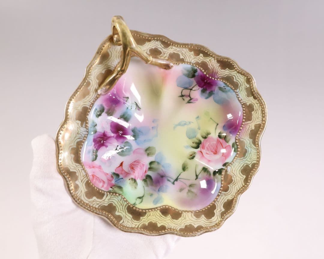 【CM297】オールドノリタケ 花 皿 薔薇 パンジー 金彩 イエロー 黄色