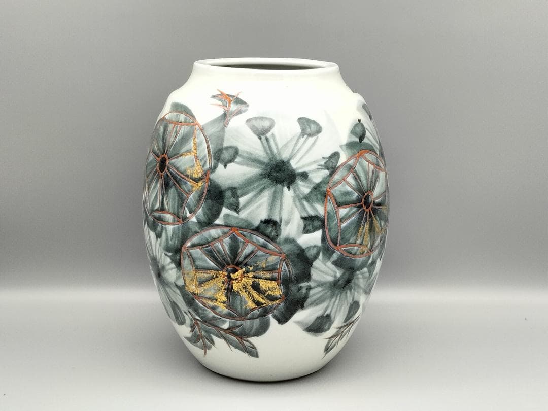 痴陶人作 色絵緑釉金箔蓬莱文 花瓶　と同作 色絵カナリヤ文向付(サービス品)