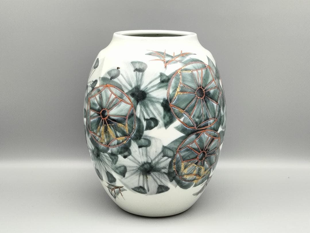 痴陶人作 色絵緑釉金箔蓬莱文 花瓶　と同作 色絵カナリヤ文向付(サービス品)