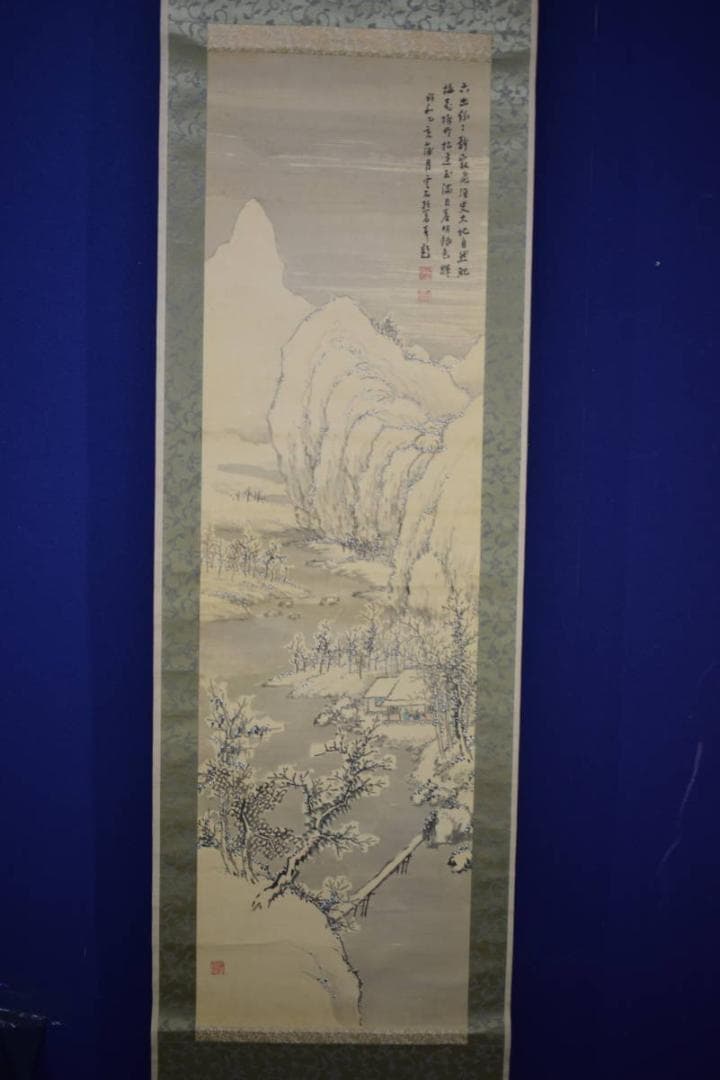 真作/雲石/雪景山水人物画賛/布袋屋掛軸HJ-257